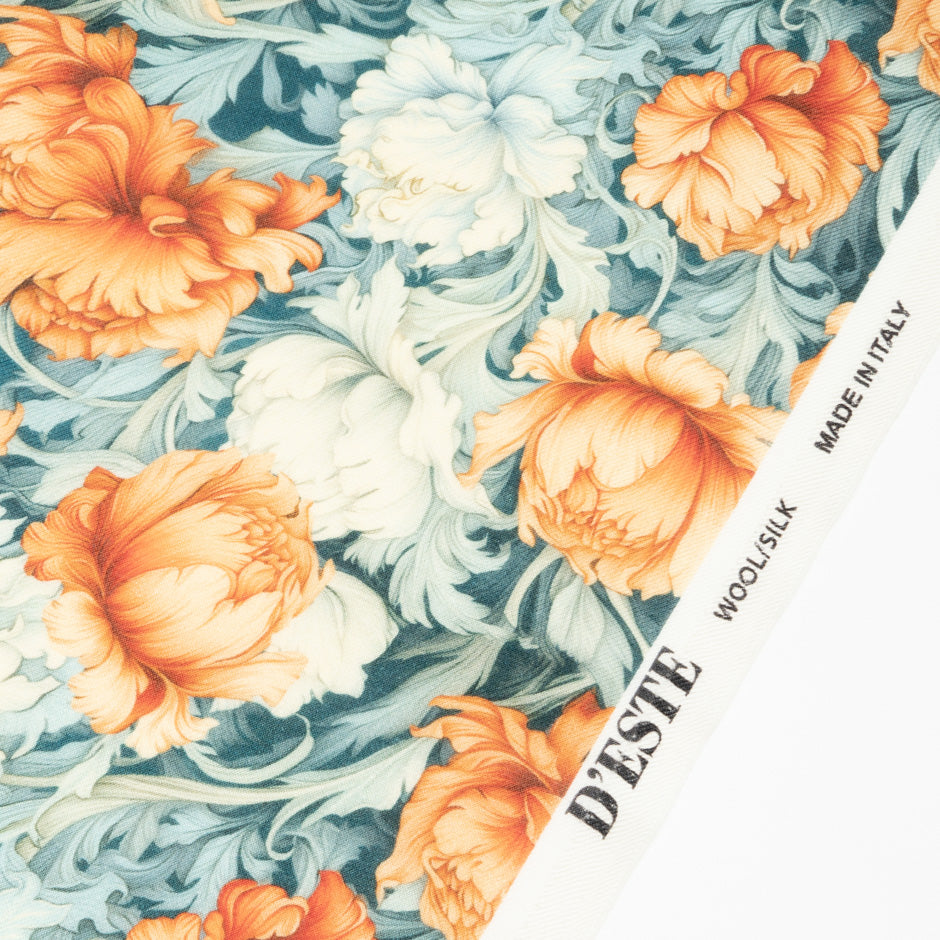 Orange Floral Printed Wool & Silk Blend Challis