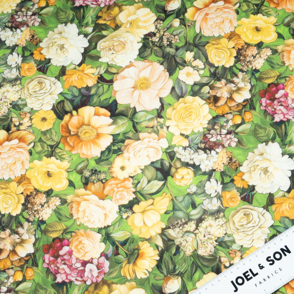 Yellow Floral Printed Wool & Silk Blend Challis