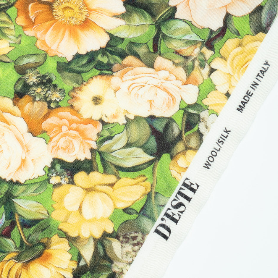 Yellow Floral Printed Wool & Silk Blend Challis