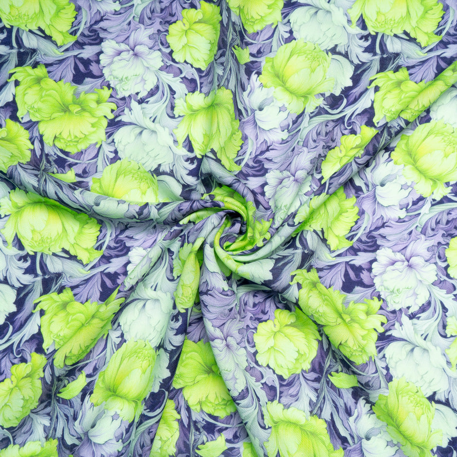 Green Floral Printed Wool & Silk Blend Challis