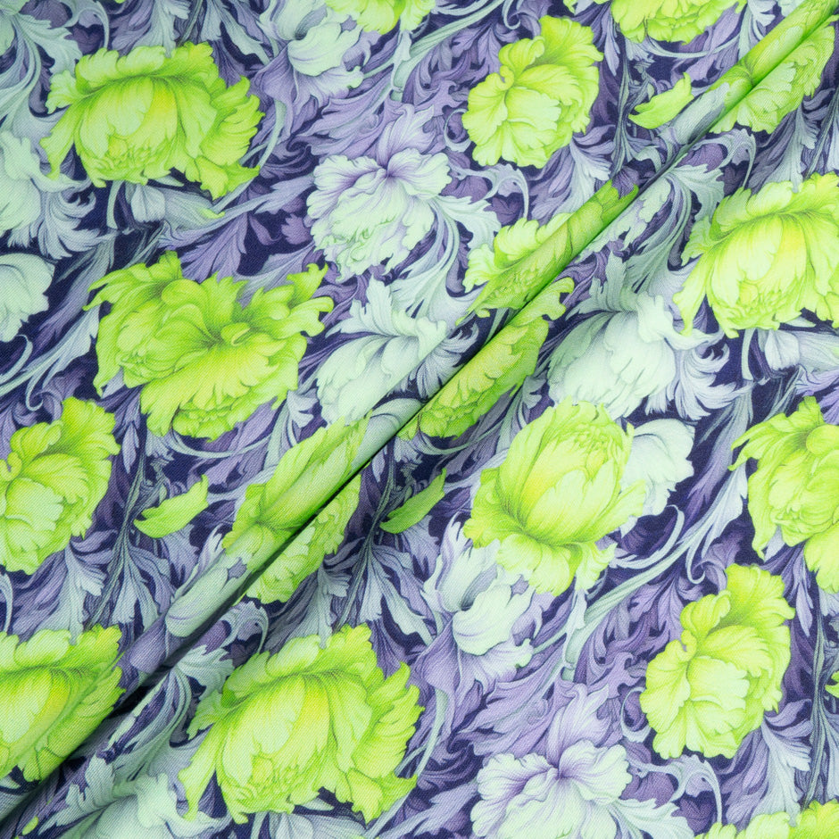 Green Floral Printed Wool & Silk Blend Challis