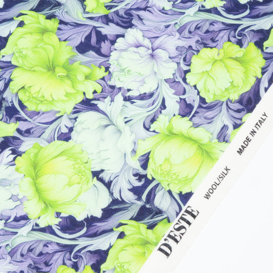 Green Floral Printed Wool & Silk Blend Challis