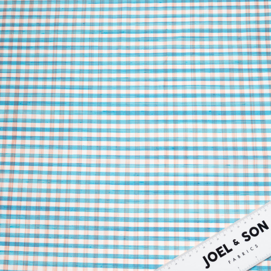 Blue & Peach Checkered Silk Shantung