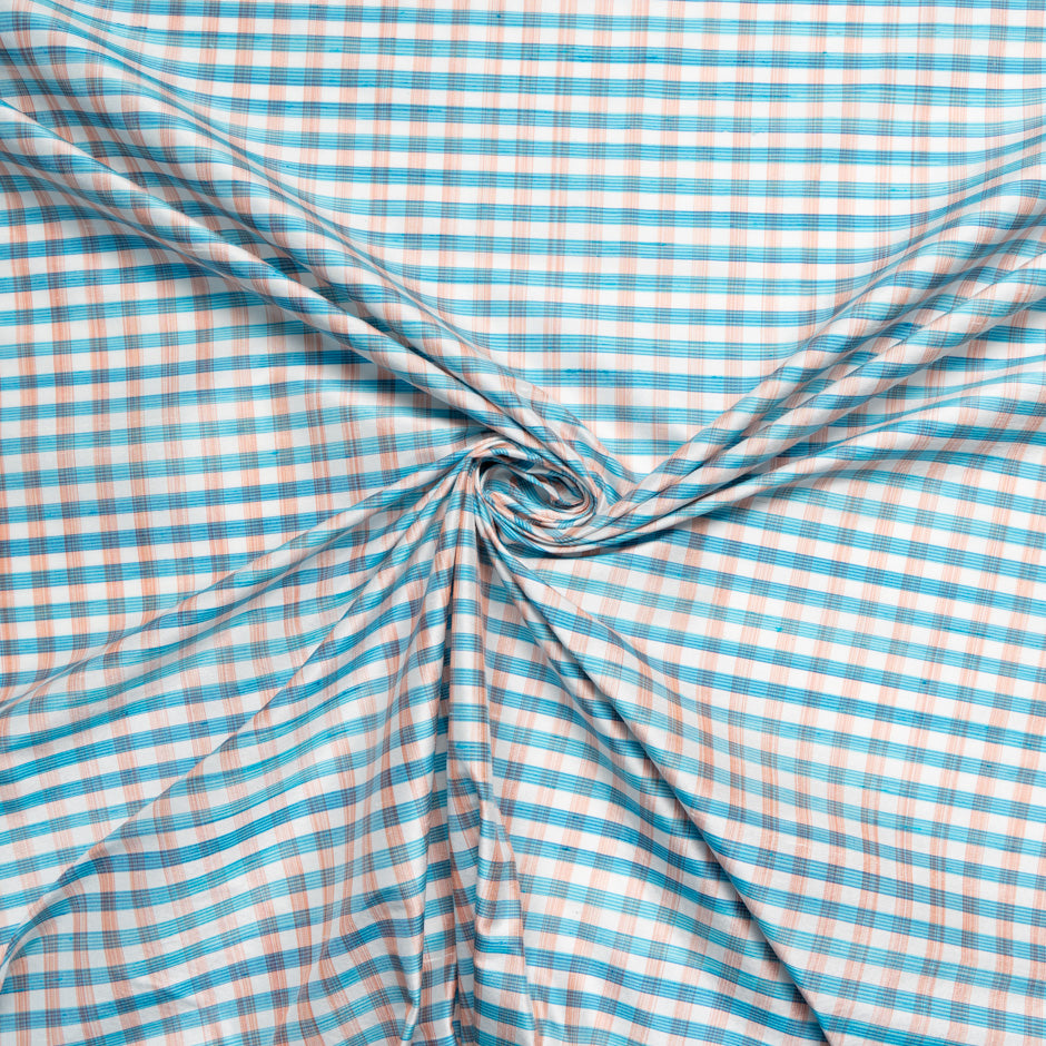 Blue & Peach Checkered Silk Shantung
