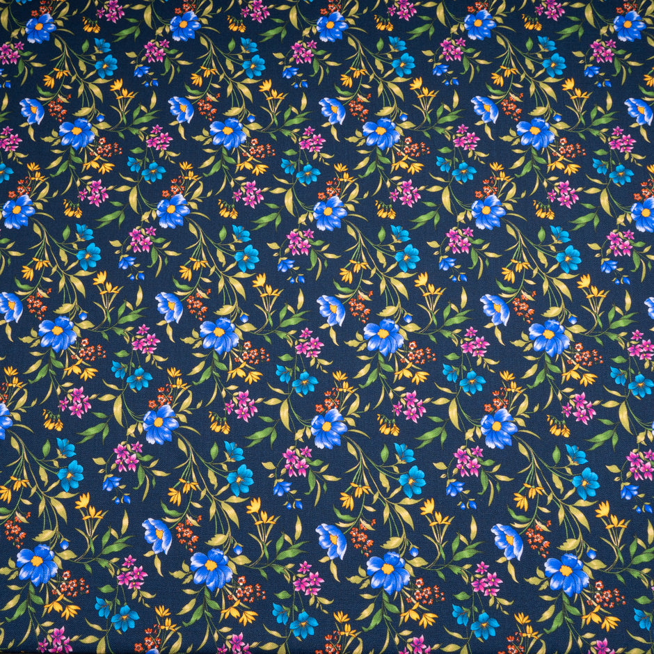 Multi Floral Printed Navy Blue Merino Wool