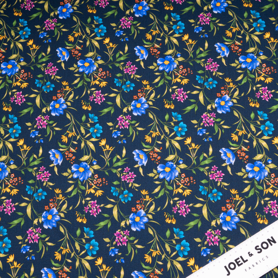 Multi Floral Printed Navy Blue Merino Wool