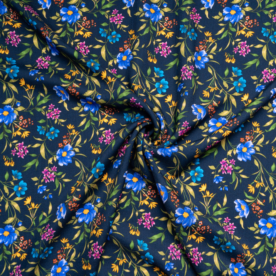 Multi Floral Printed Navy Blue Merino Wool
