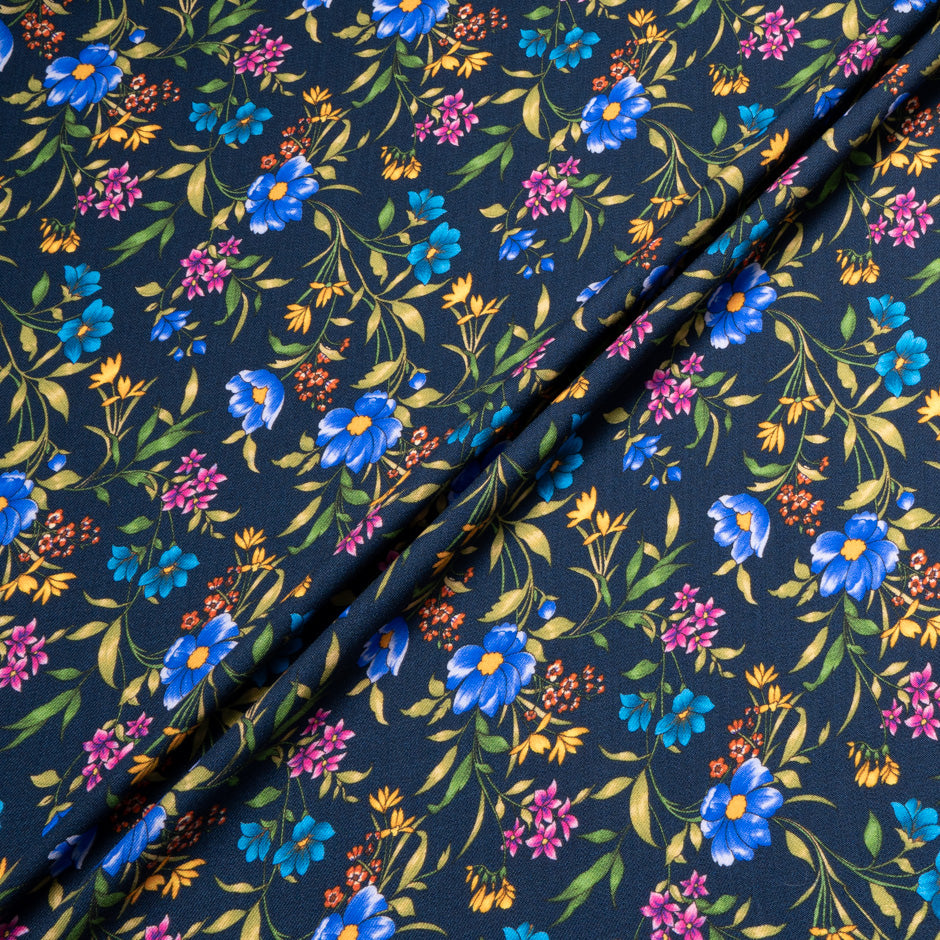 Multi Floral Printed Navy Blue Merino Wool