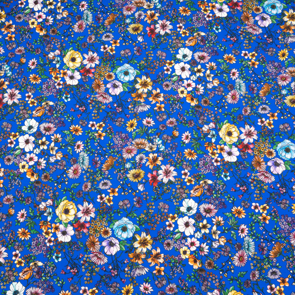 Multi-Coloured Floral Printed Blue Merino Wool