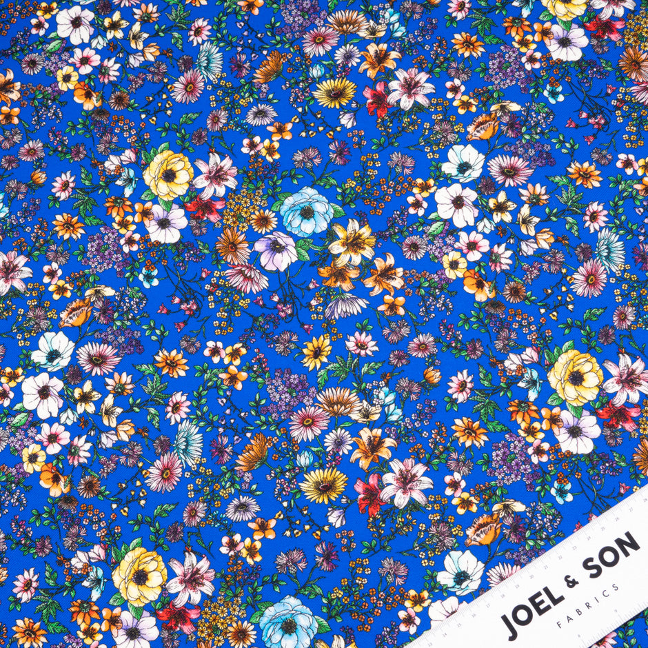 Multi-Coloured Floral Printed Blue Merino Wool
