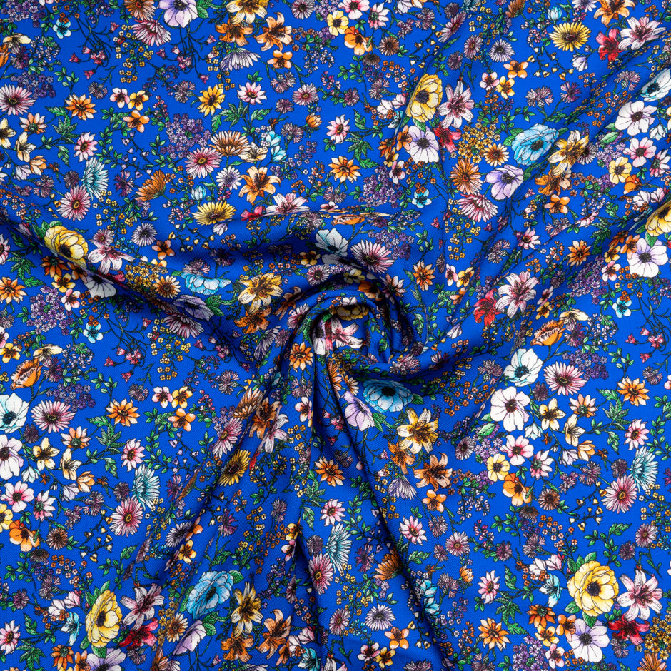 Multi-Coloured Floral Printed Blue Merino Wool