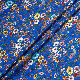 Multi-Coloured Floral Printed Blue Merino Wool