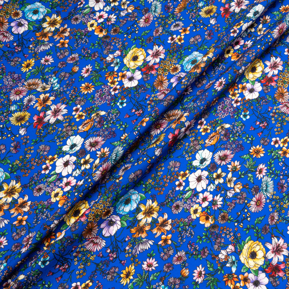 Multi-Coloured Floral Printed Blue Merino Wool