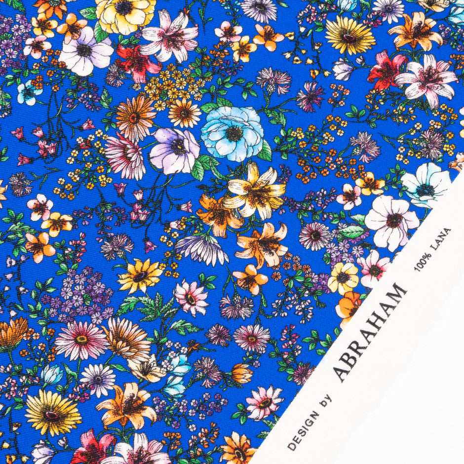 Multi-Coloured Floral Printed Blue Merino Wool