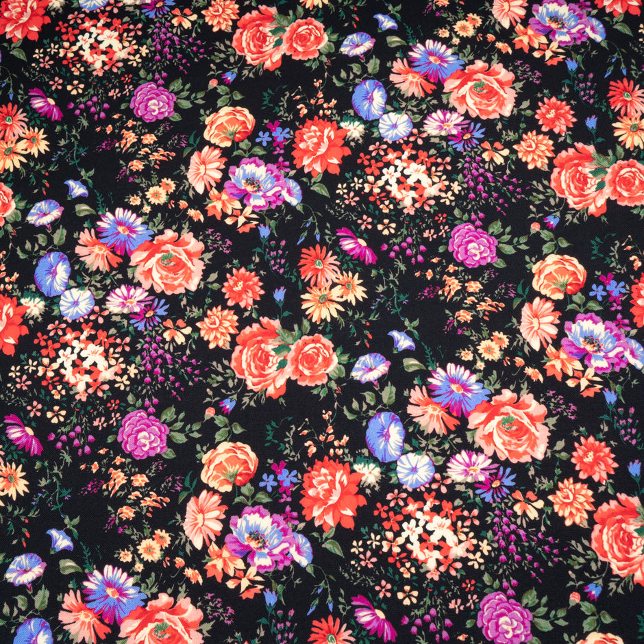 Multi Floral Printed Jet Black Merino Wool