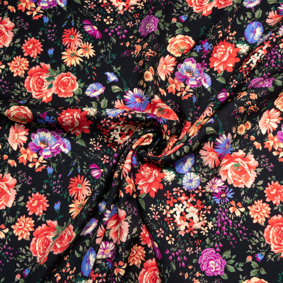 Multi Floral Printed Jet Black Merino Wool