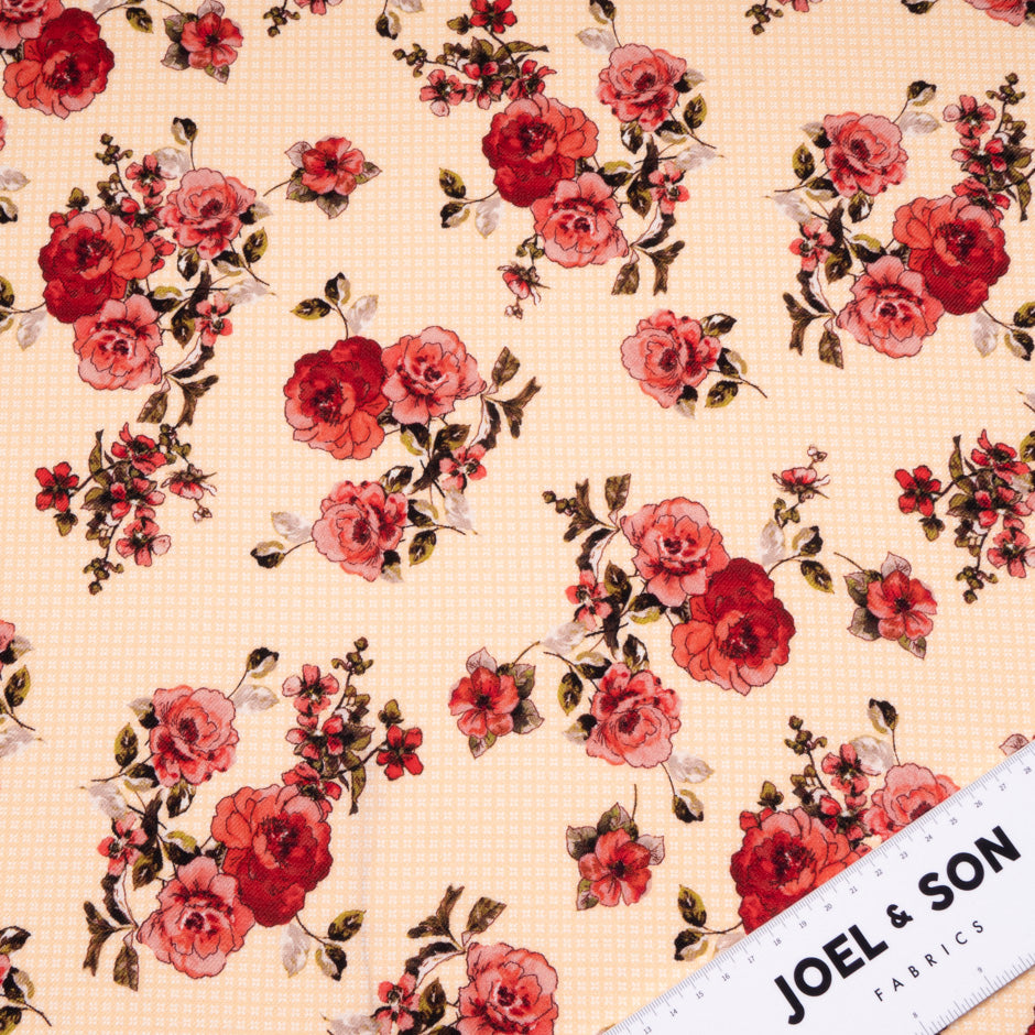Red Floral Printed Peach Merino Wool