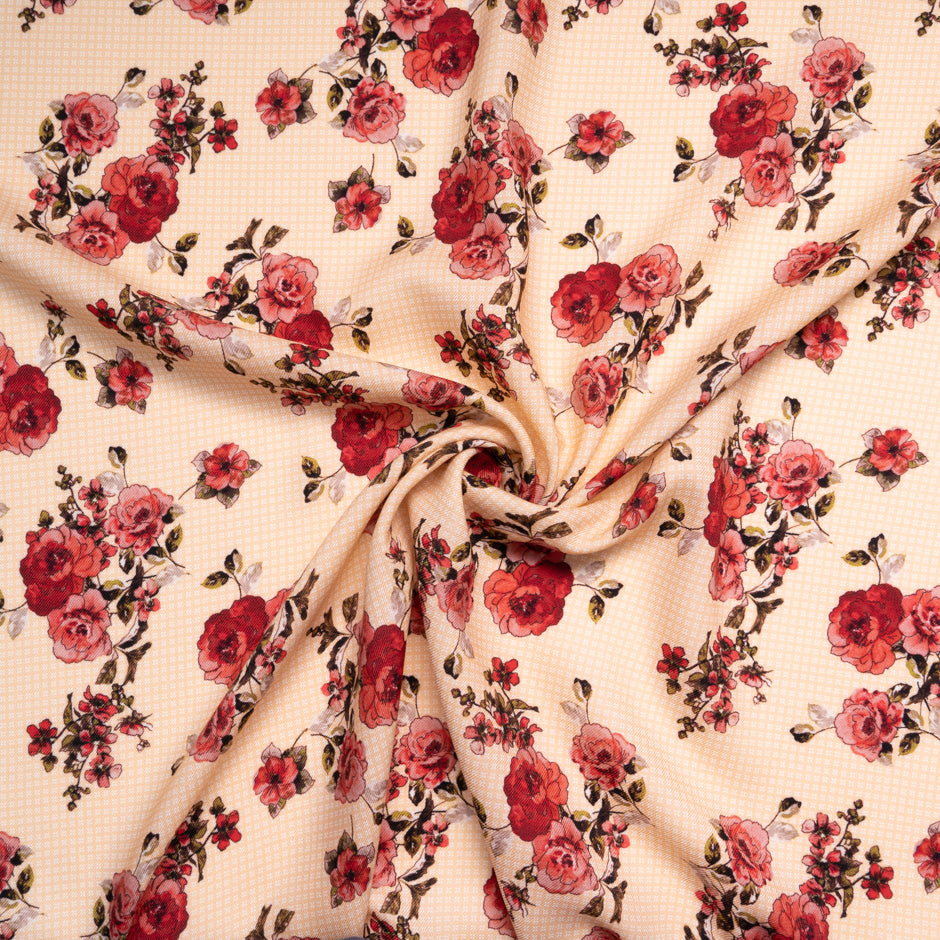 Red Floral Printed Peach Merino Wool