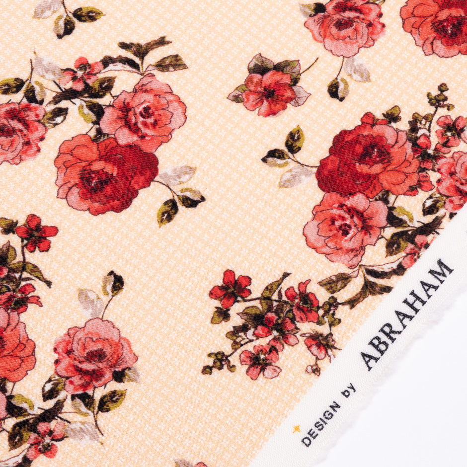 Red Floral Printed Peach Merino Wool