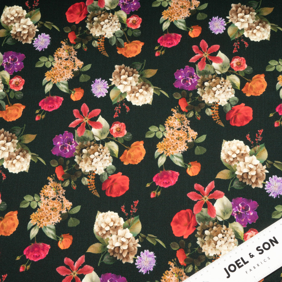 Bold Floral Printed Black Merino Wool