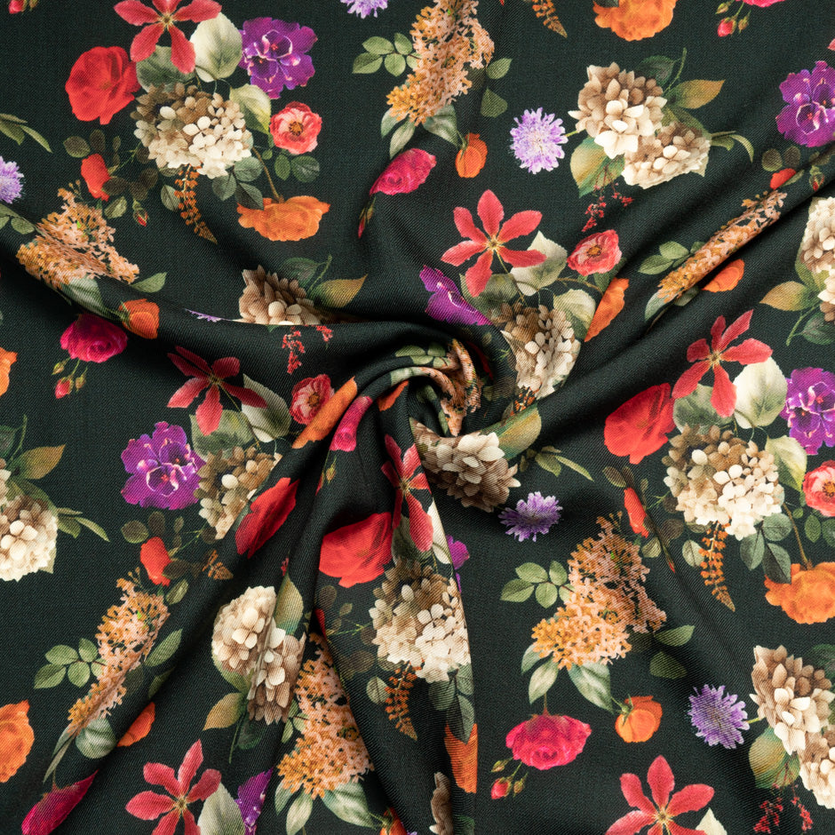 Bold Floral Printed Black Merino Wool