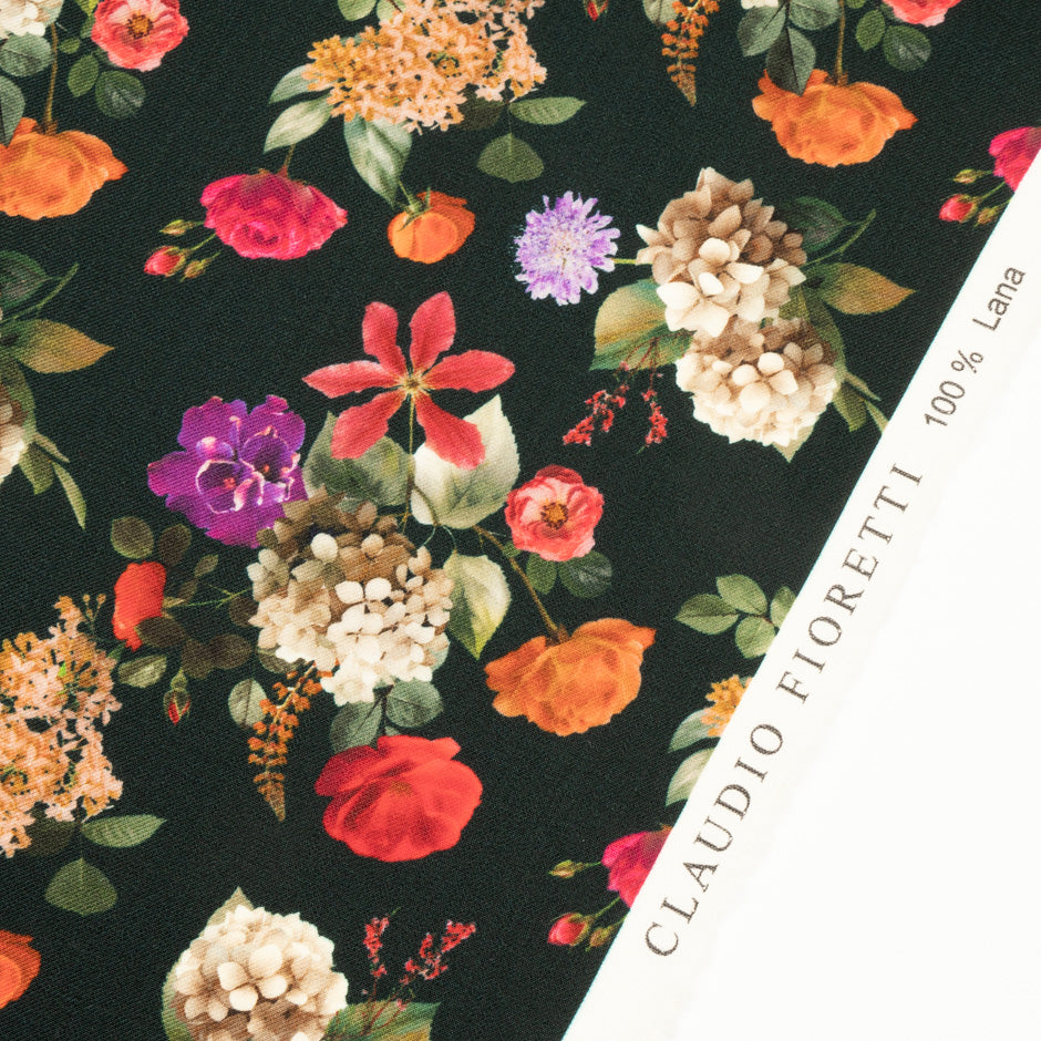 Bold Floral Printed Black Merino Wool