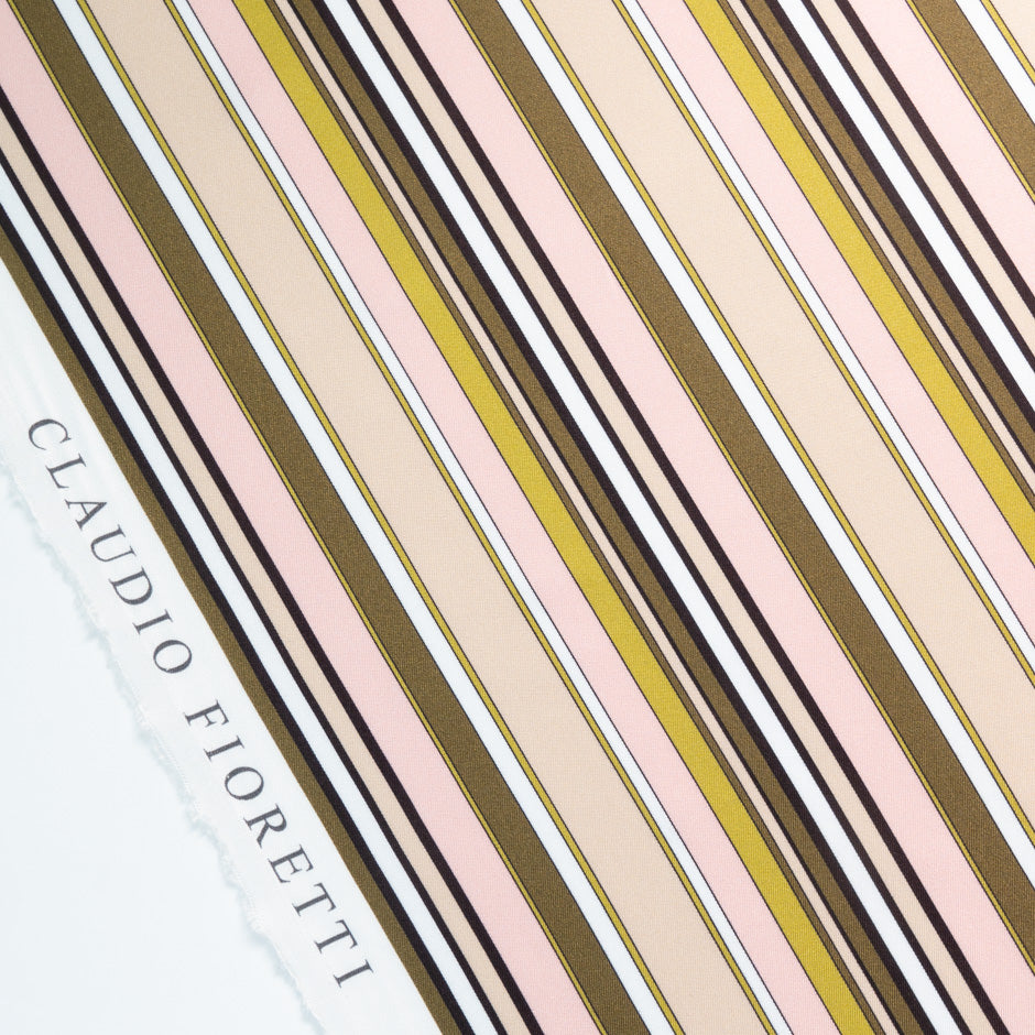 Blush Pink & Olive Green Striped Pure Silk Twill