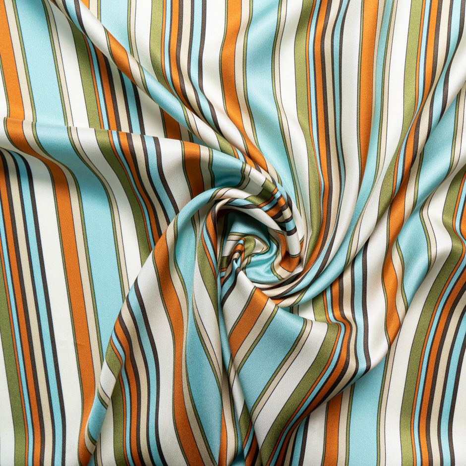 Ice Blue, Khaki & Caramel Striped Pure Silk Twill