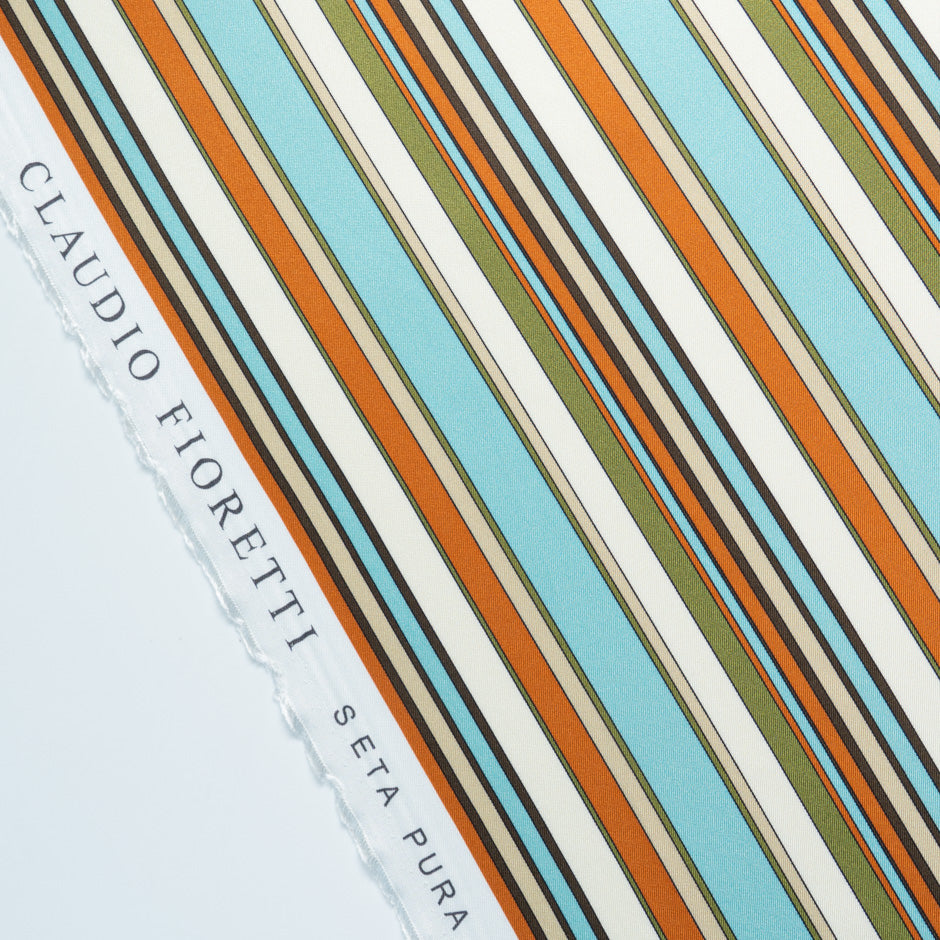 Ice Blue, Khaki & Caramel Striped Pure Silk Twill