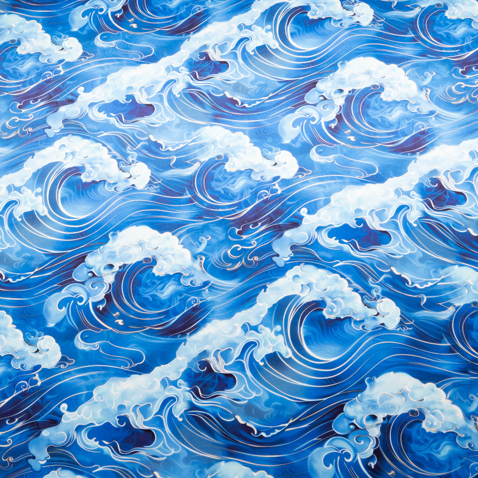 Blue 'Sea Waves' Printed Pure Silk Satin