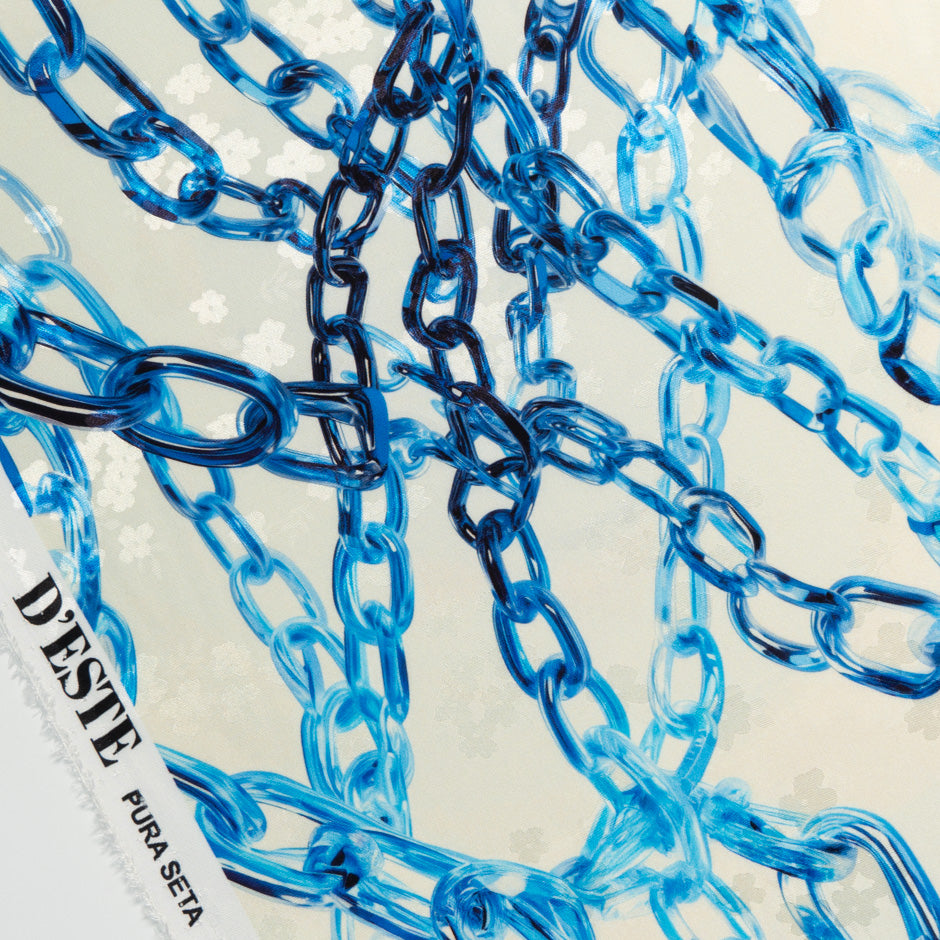 Blue Link Printed Ivory Silk Jacquard