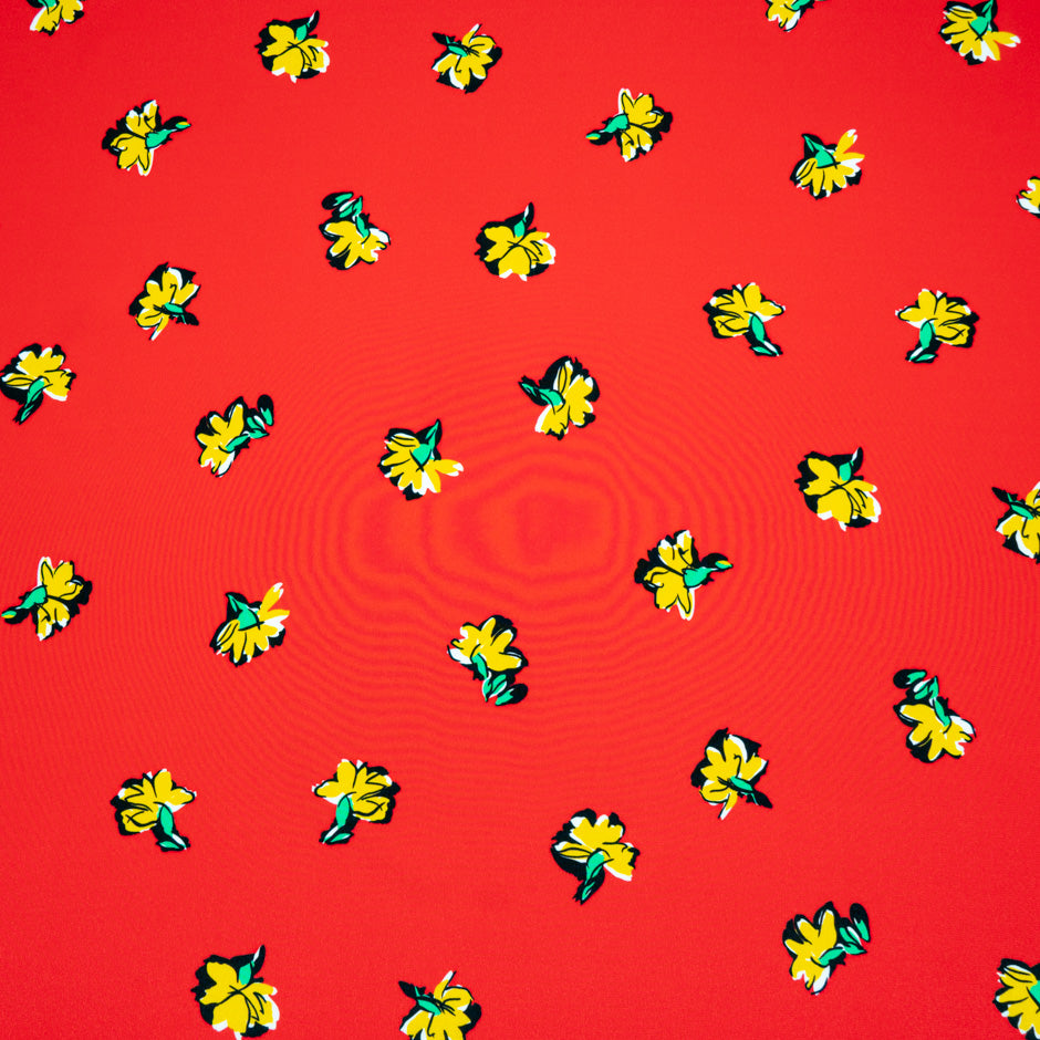 Yellow Floral Printed Red Pure Silk Crêpe de Chine