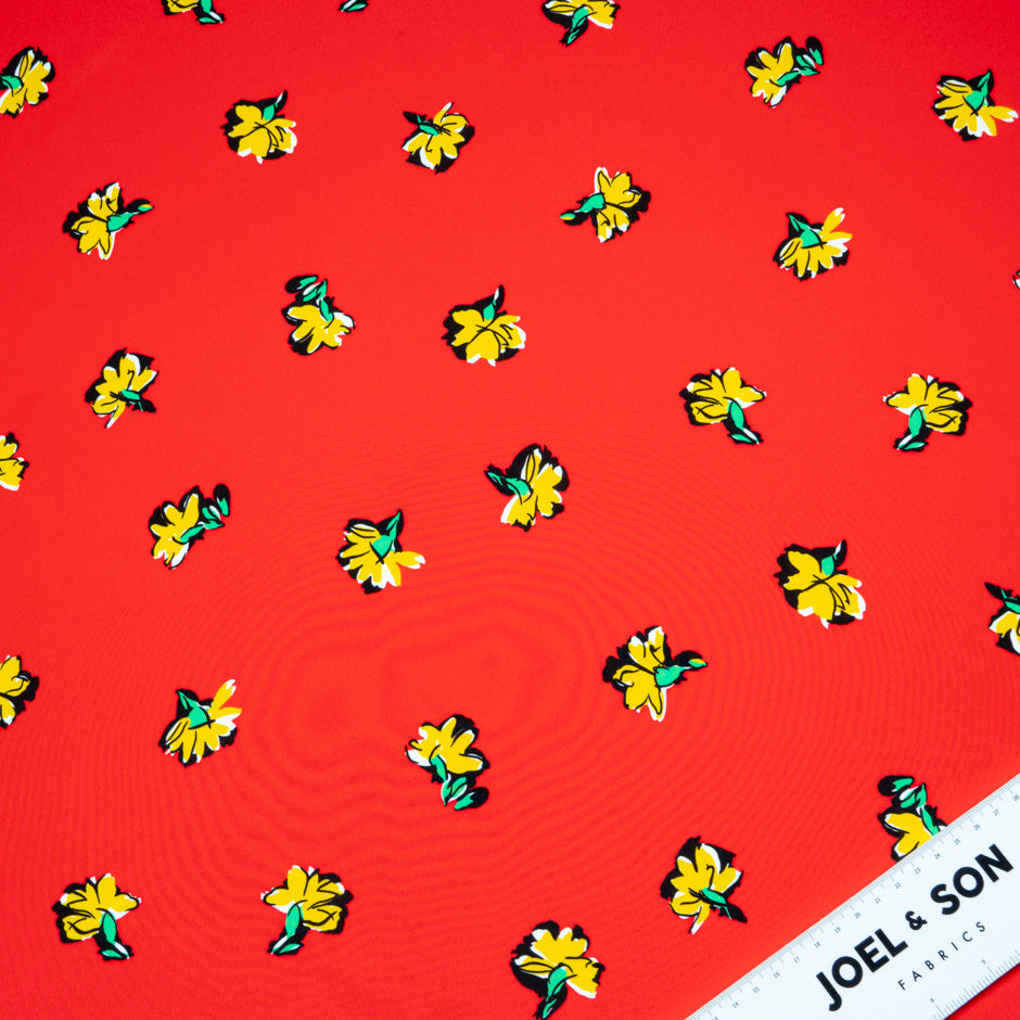 Yellow Floral Printed Red Pure Silk Crêpe de Chine