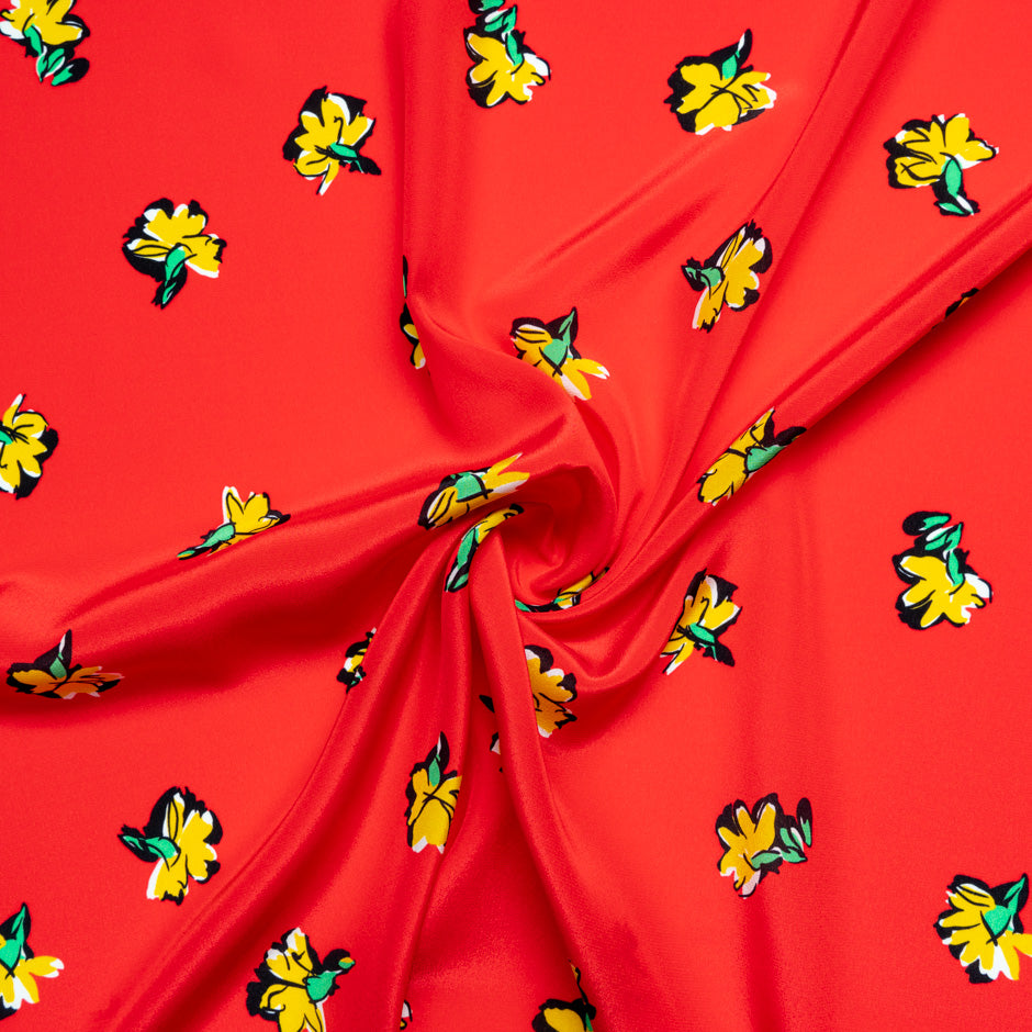Yellow Floral Printed Red Pure Silk Crêpe de Chine