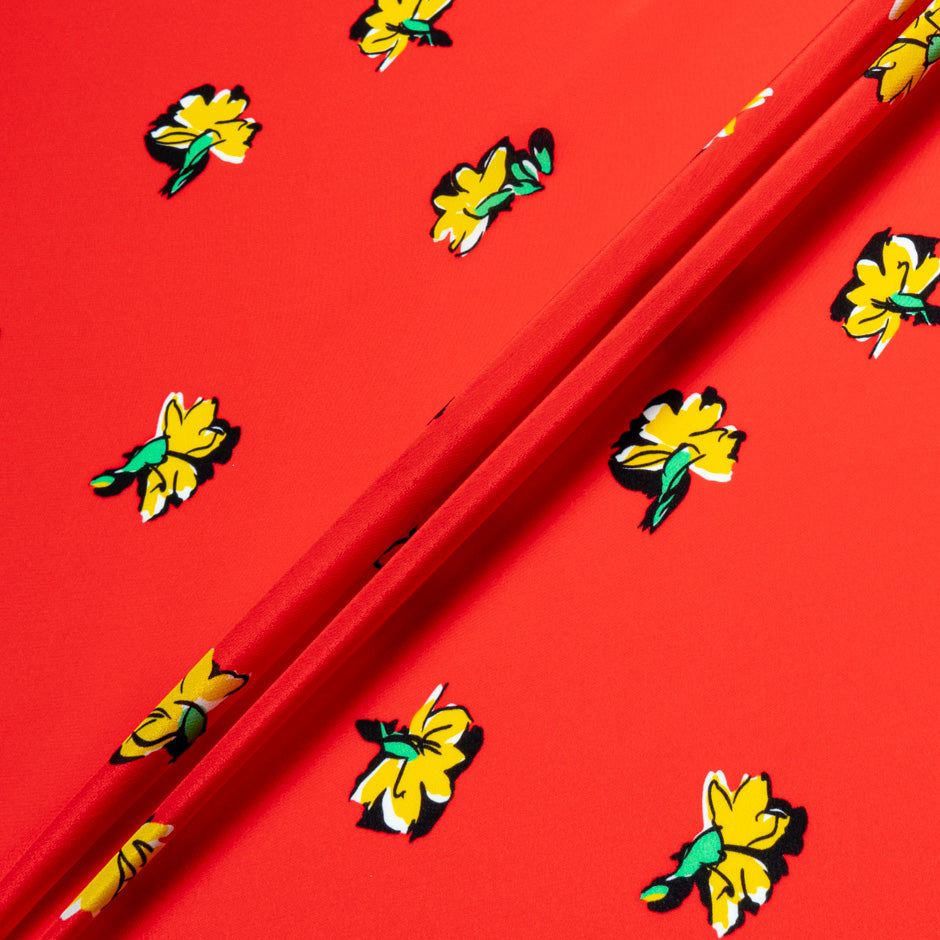 Yellow Floral Printed Red Pure Silk Crêpe de Chine