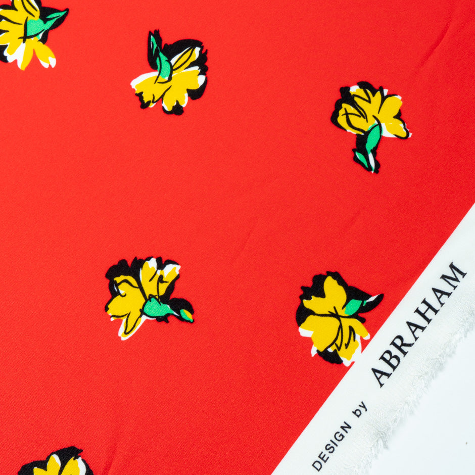 Yellow Floral Printed Red Pure Silk Crêpe de Chine