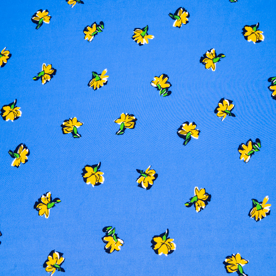 Yellow Floral Printed Blue Pure Silk Crêpe de Chine