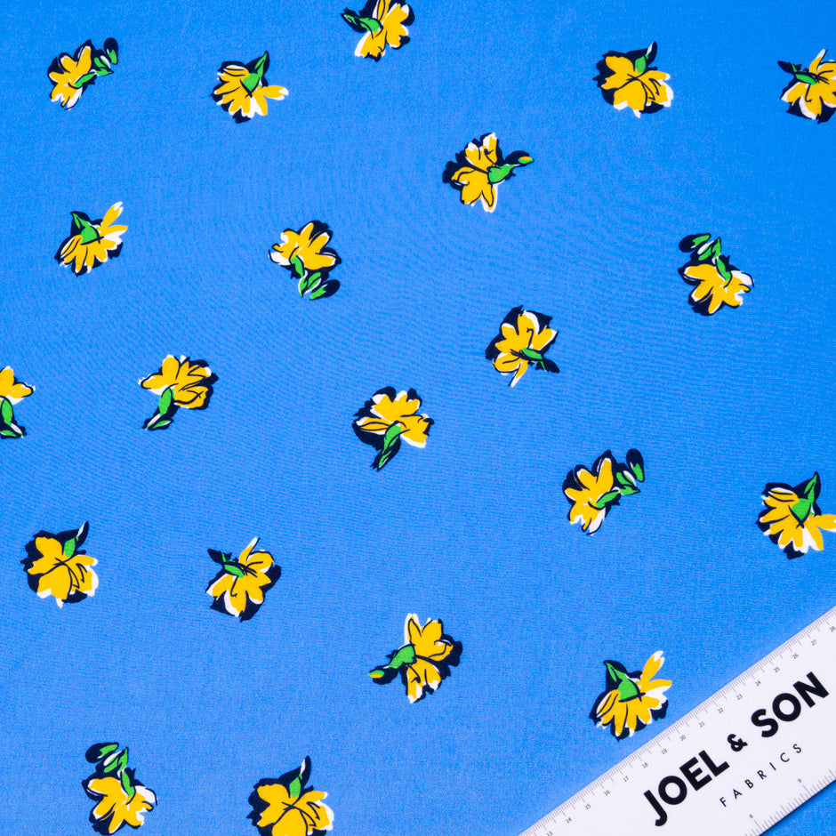 Yellow Floral Printed Blue Pure Silk Crêpe de Chine