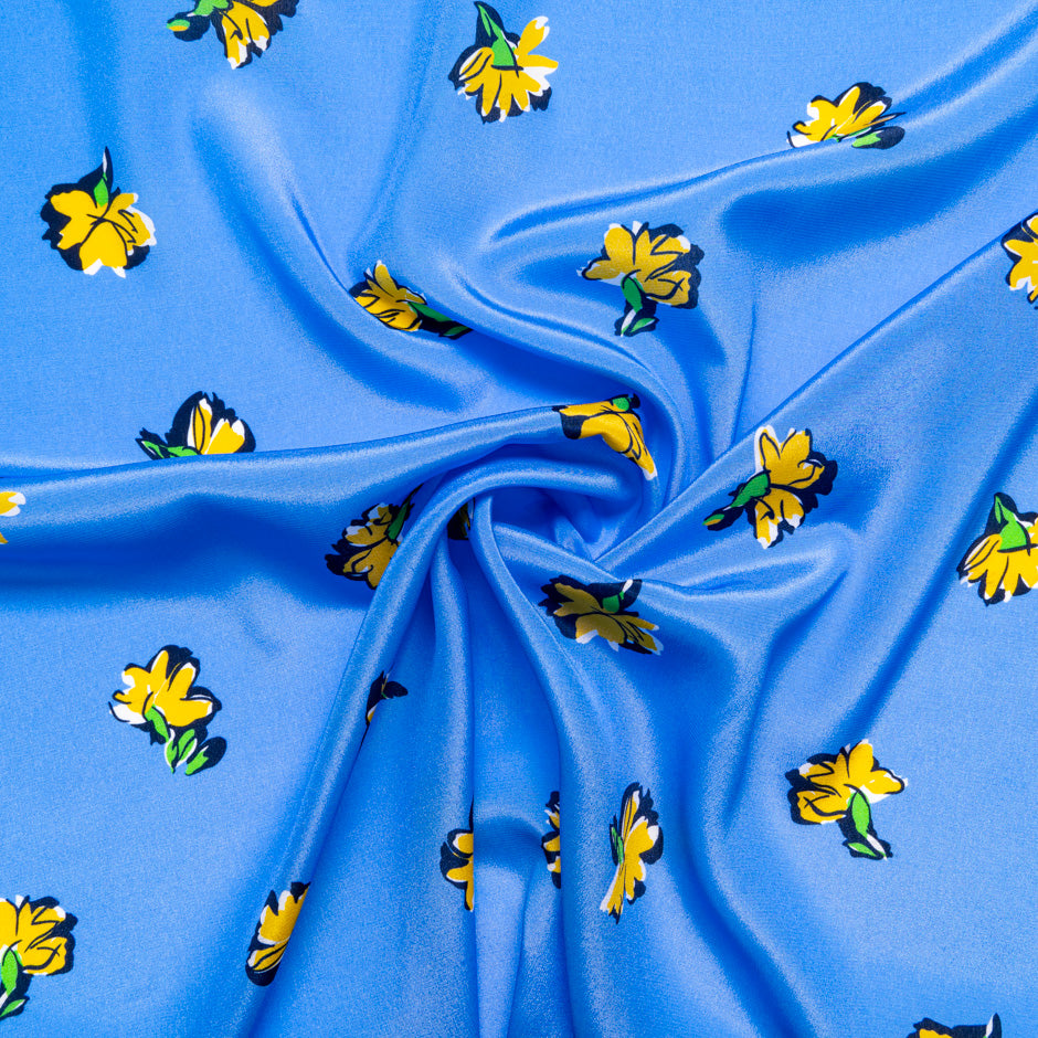 Yellow Floral Printed Blue Pure Silk Crêpe de Chine