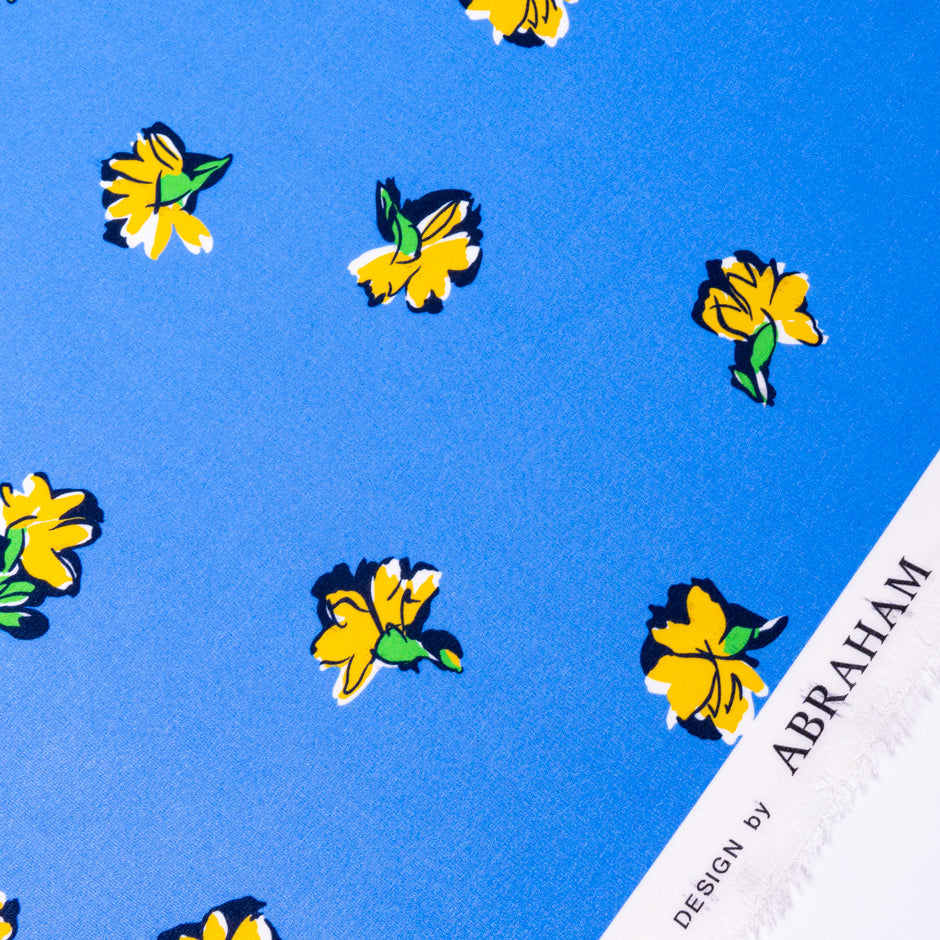 Yellow Floral Printed Blue Pure Silk Crêpe de Chine