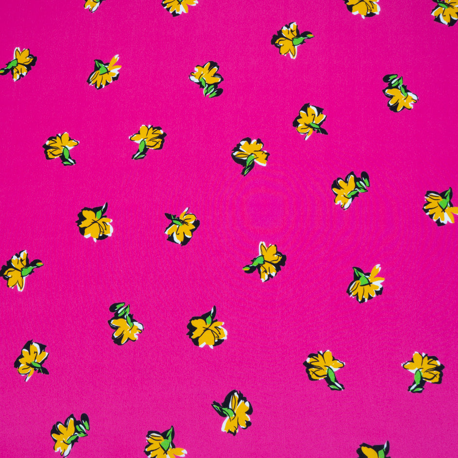 Yellow Floral Printed Pink Pure Silk Crêpe de Chine