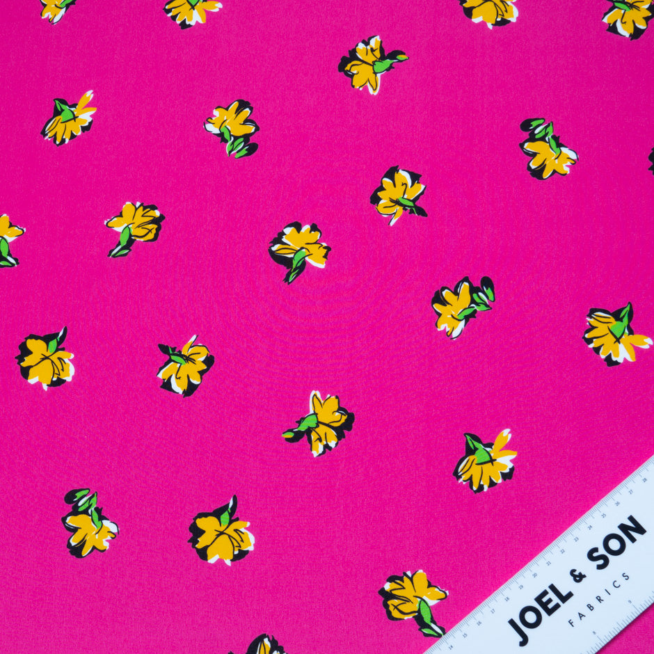 Yellow Floral Printed Pink Pure Silk Crêpe de Chine