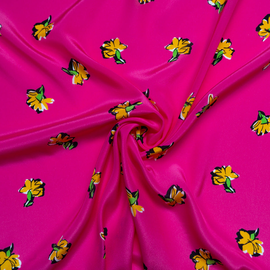 Yellow Floral Printed Pink Pure Silk Crêpe de Chine