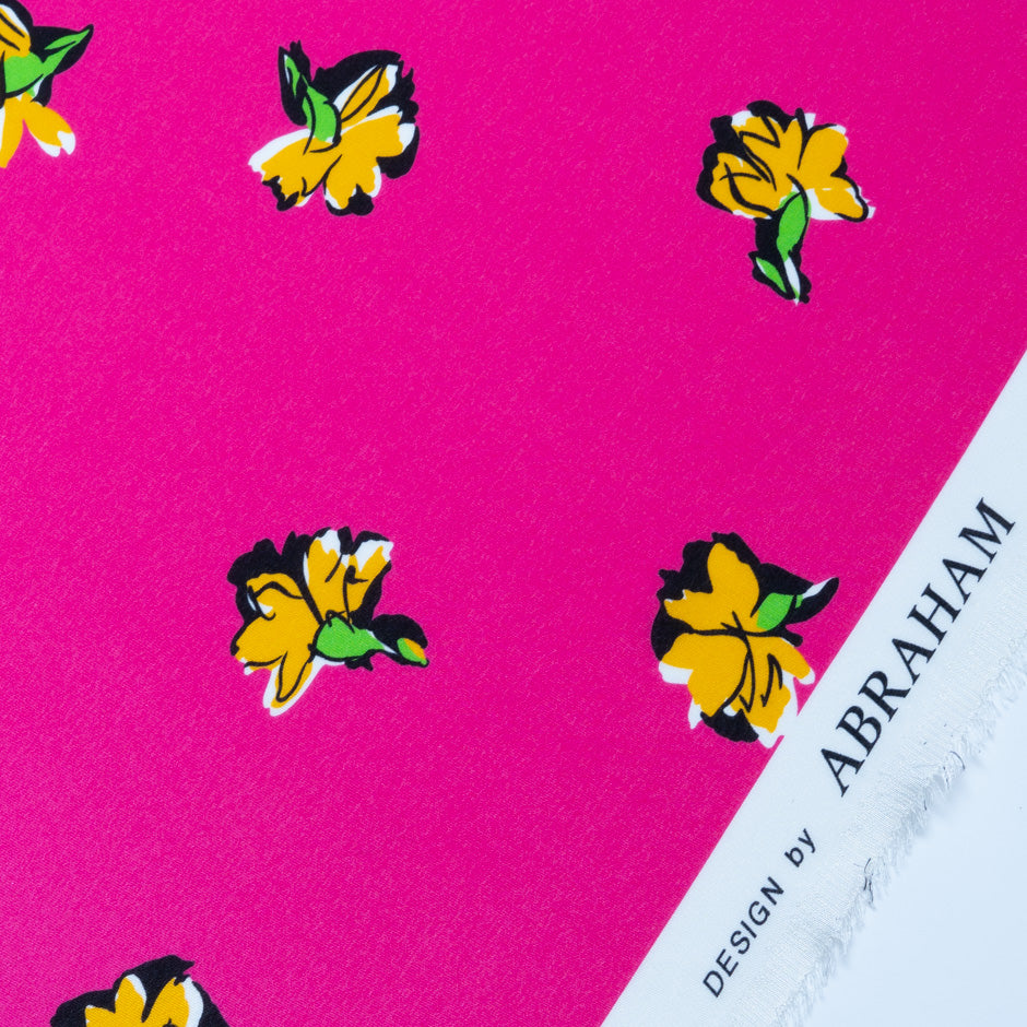 Yellow Floral Printed Pink Pure Silk Crêpe de Chine