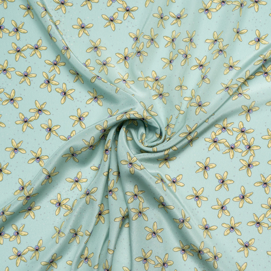 Yellow Floral Printed Mint Pure Silk Crêpe de Chine