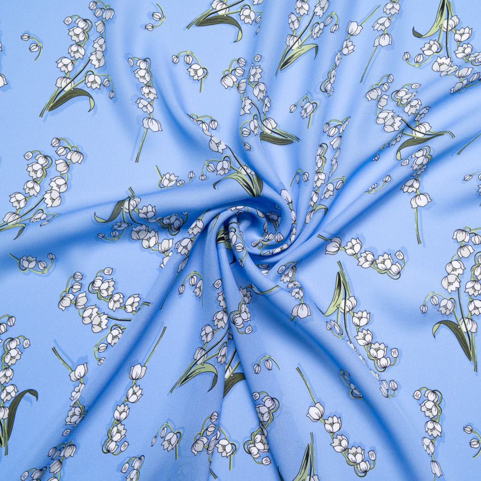 Snow Drop Floral Printed Blue Silk Satin Chiffon