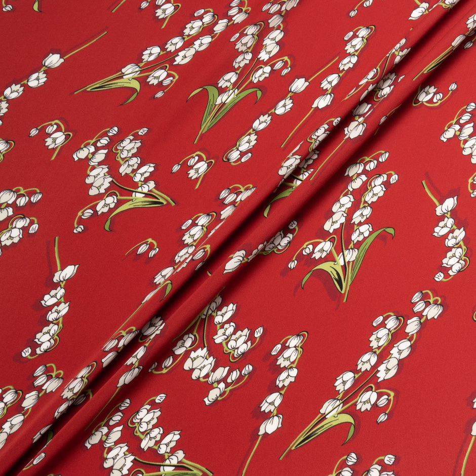 Snow Drop Floral Printed Red Silk Satin Chiffon