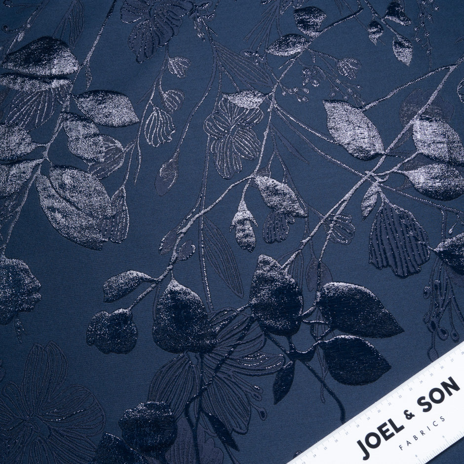 Navy Blue Metallic Floral Cloqué