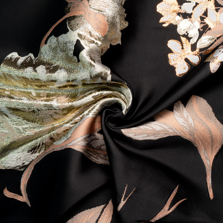 Gold Floral Jacquard Black Duchess Satin