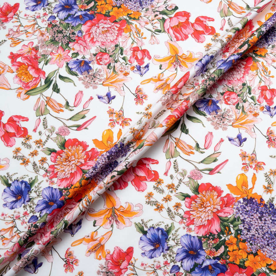 Multi-Coloured Floral Printed White Cotton